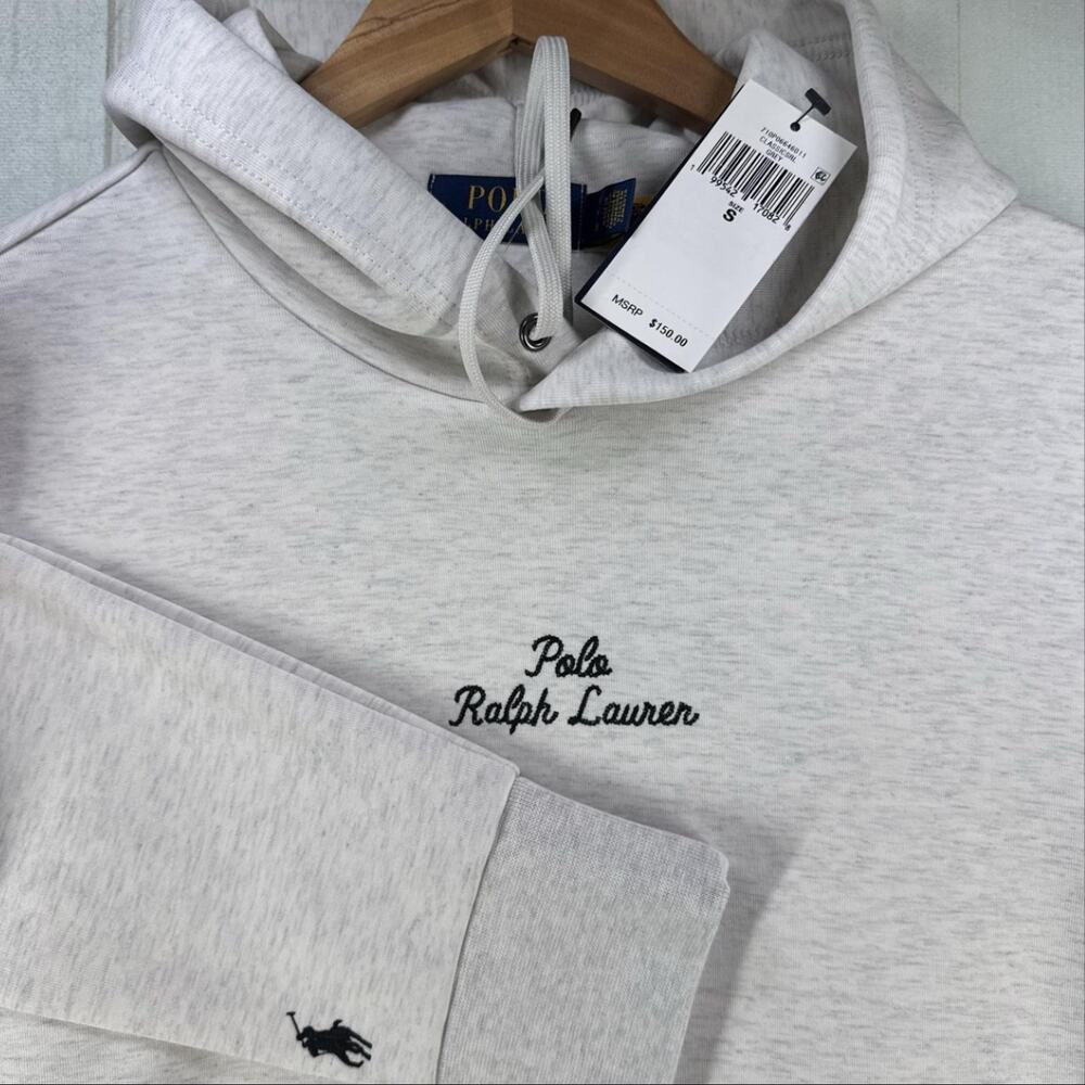 PRL Script Logo Hoodie Mens Small Light Gray Fleece Polo Ralph Lauren Pony Logo